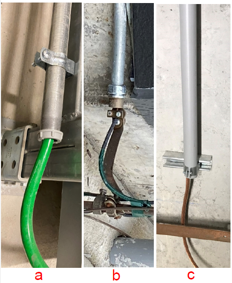 Ground wire in conduit. (a) Metallic conduit- Poor installation (b) Metallic conduit- Correct method (c) PVC conduit-no bonding needed
