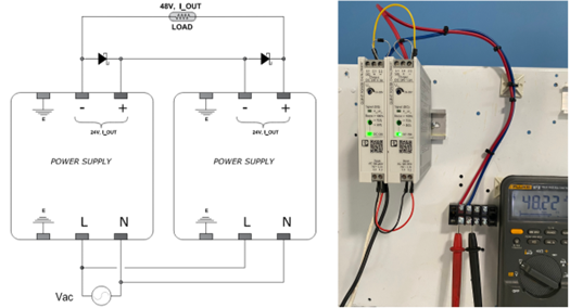 Two 24VDC Power supplies connected in series to obtain 48VDC