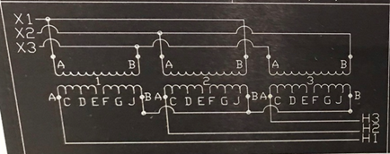Transformer with secondary (X1-X2-X2) connected in Delta-DAB